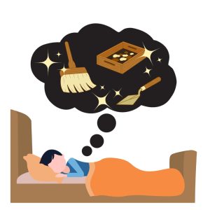 cartoon illustration of boy in bed with dream bubble above head containing a brush, trowel and archaeology sieve